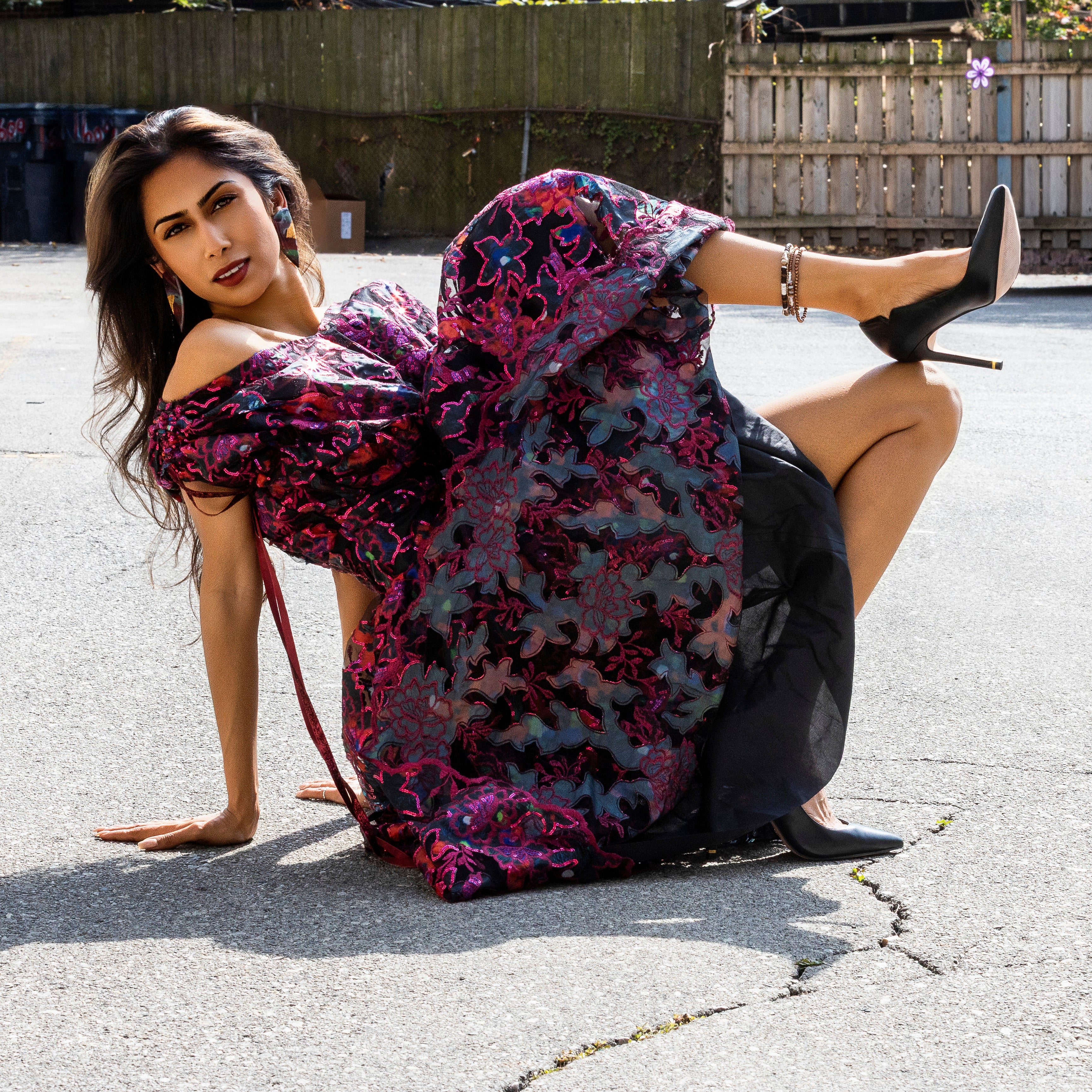 Midnight Bloom Off-Shoulder Embroidered Dress