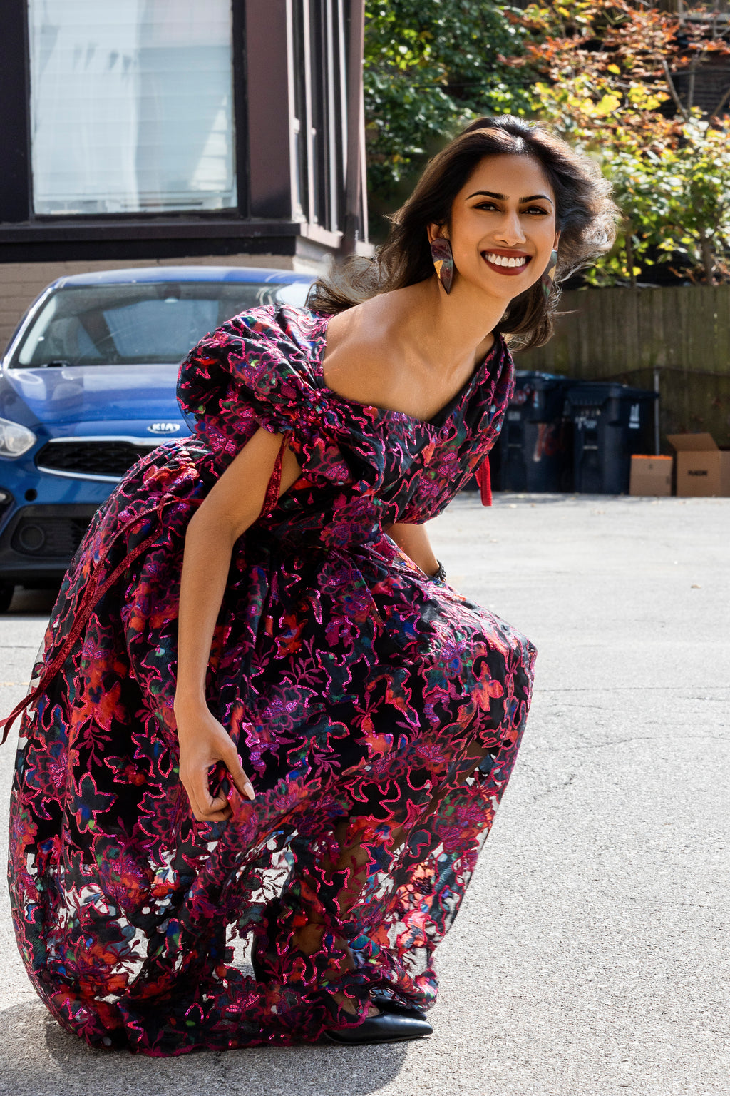 Midnight Bloom Off-Shoulder Embroidered Dress
