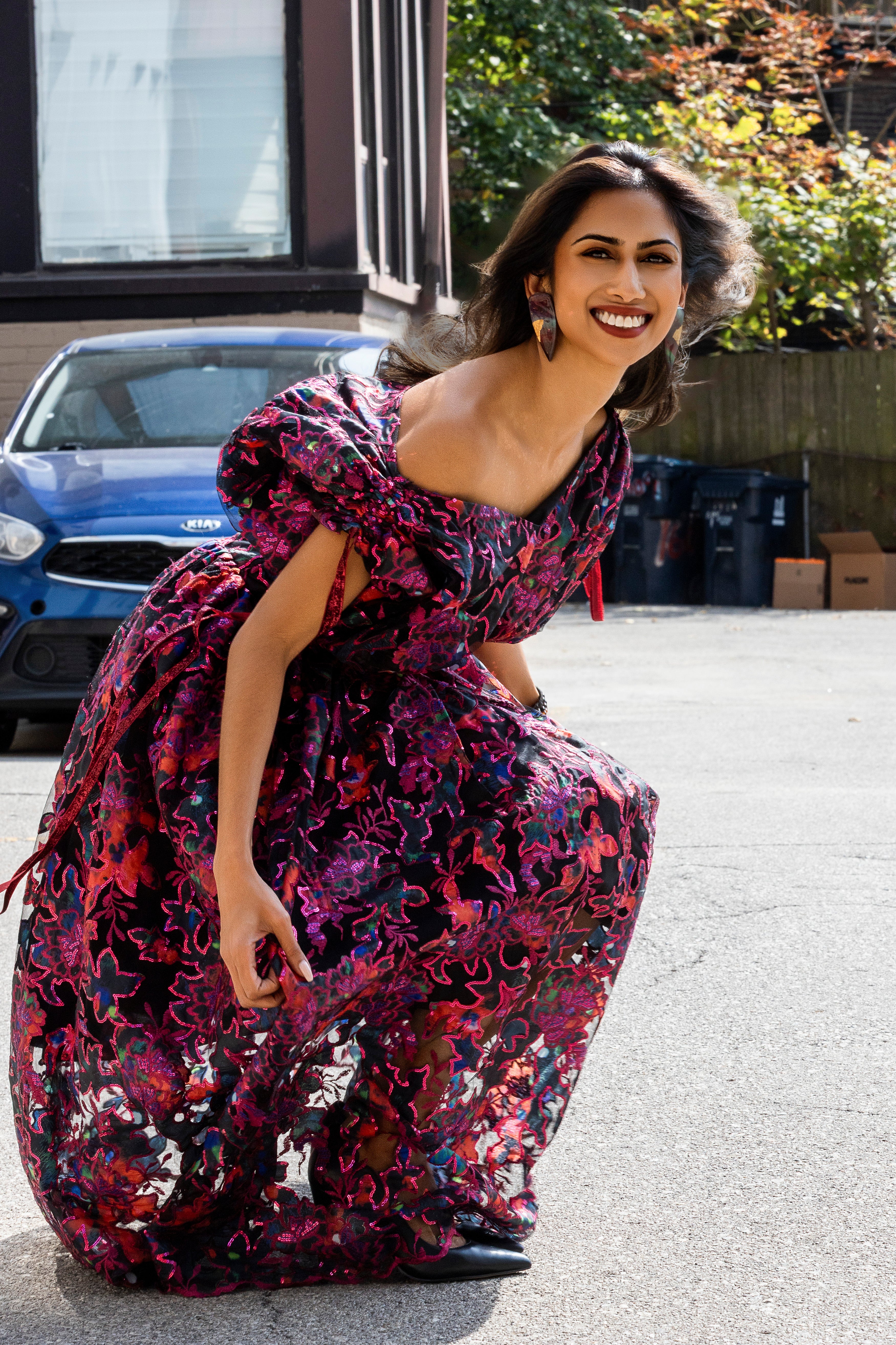 Midnight Bloom Off-Shoulder Embroidered Dress