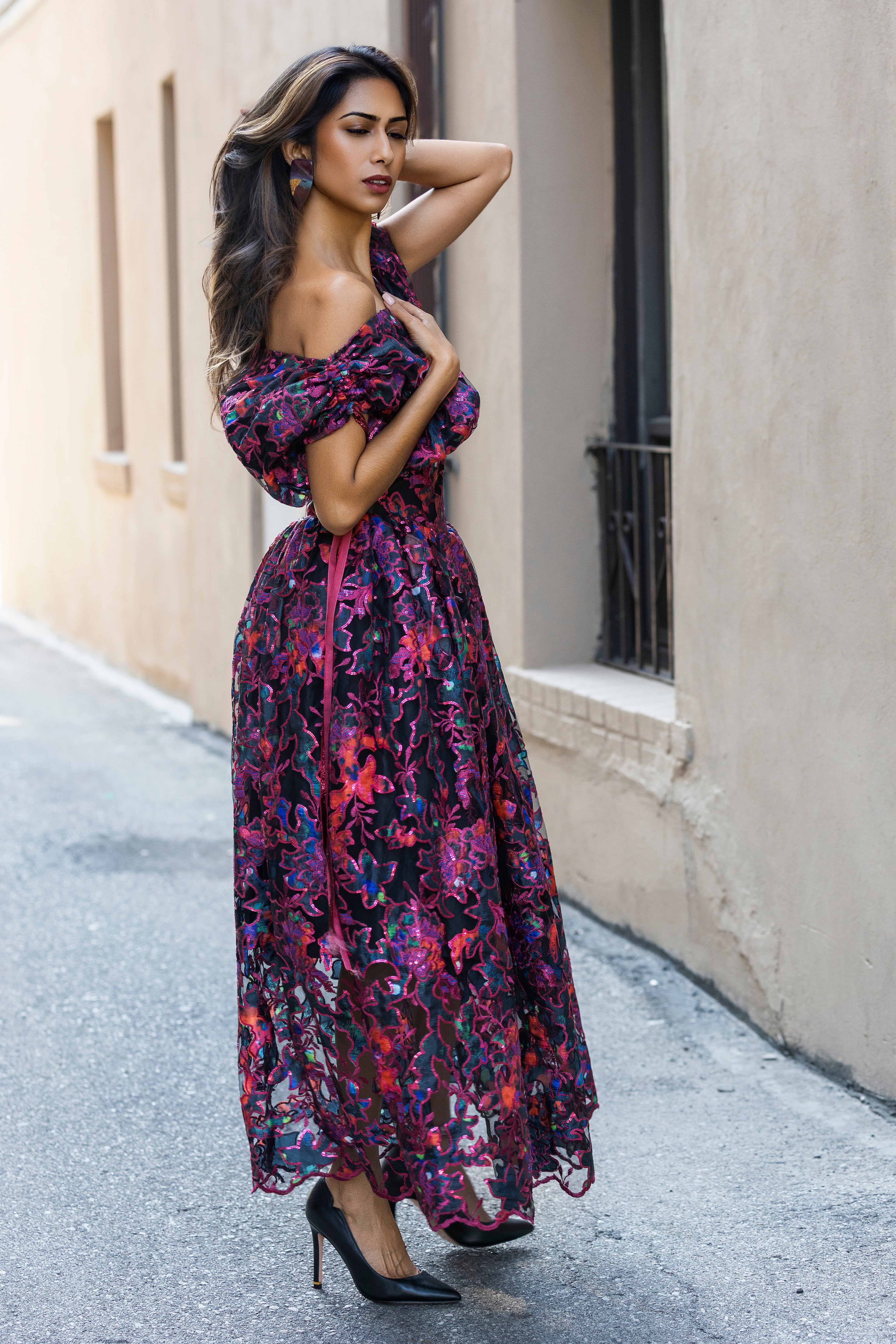Midnight Bloom Off-Shoulder Embroidered Dress