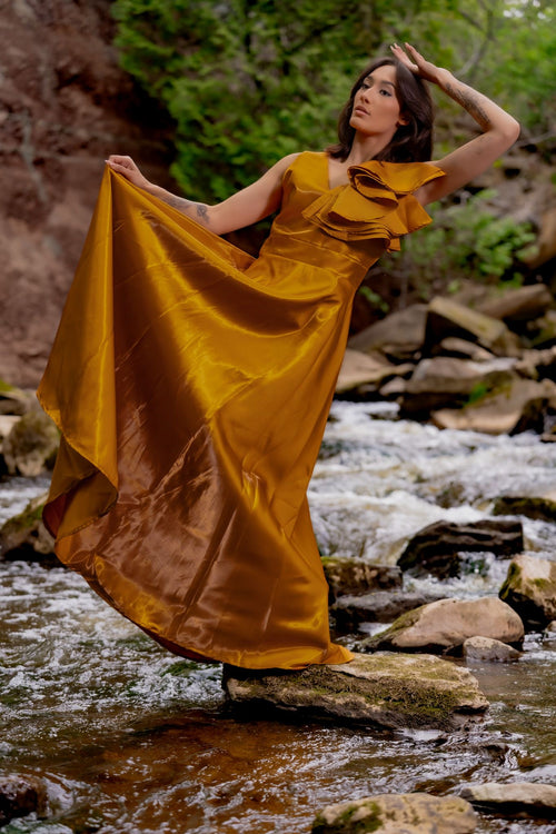 gold organza dress Gold Mambo Asymmetrical Organza Ruffled Fluffy Dress