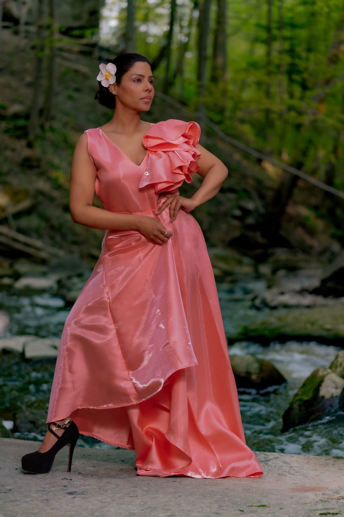 Liquid Organza Pink Dress With Ruffles