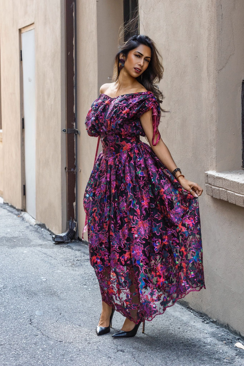 Midnight Bloom Off-Shoulder Embroidered Dress