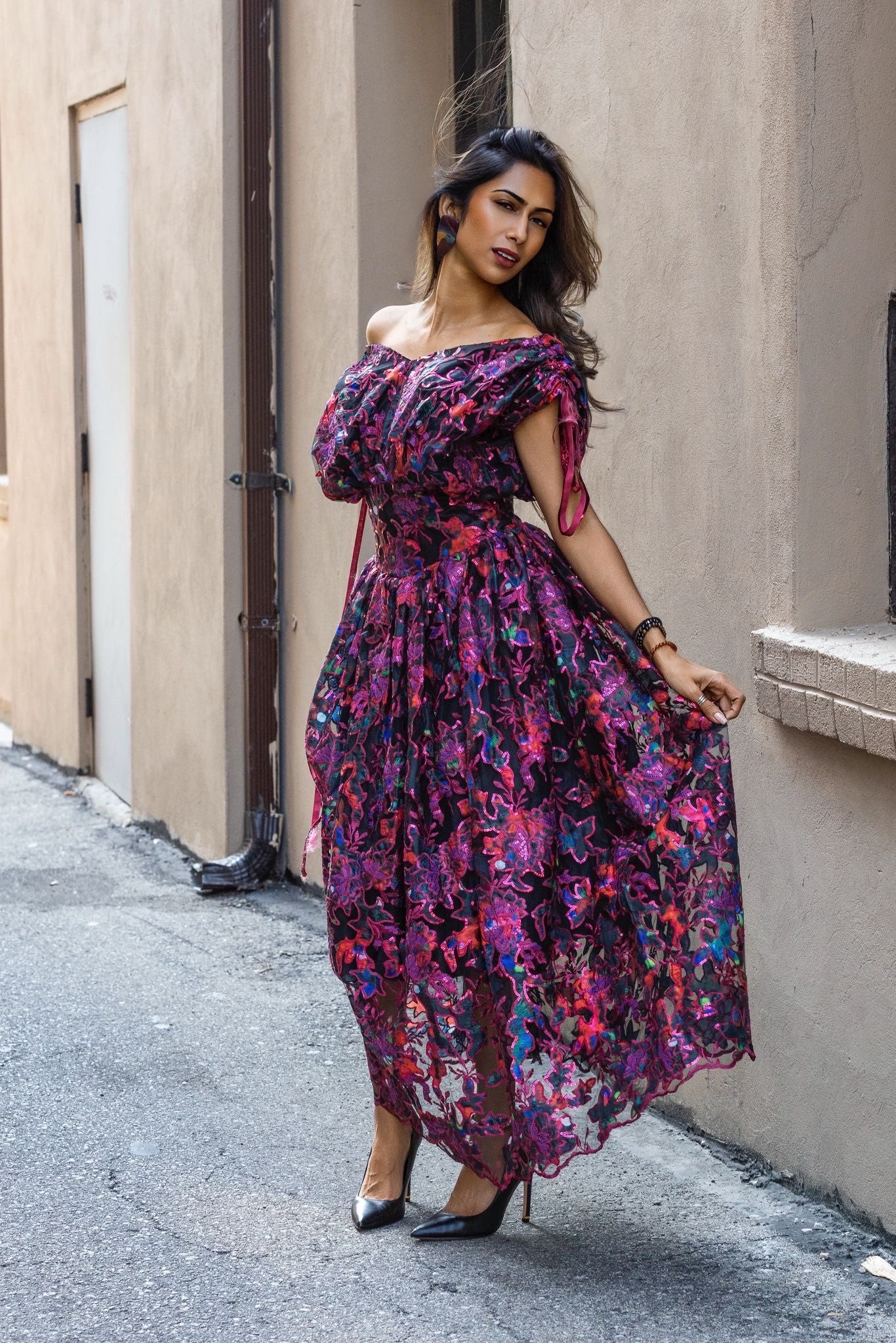Midnight Bloom Off-Shoulder Embroidered Dress